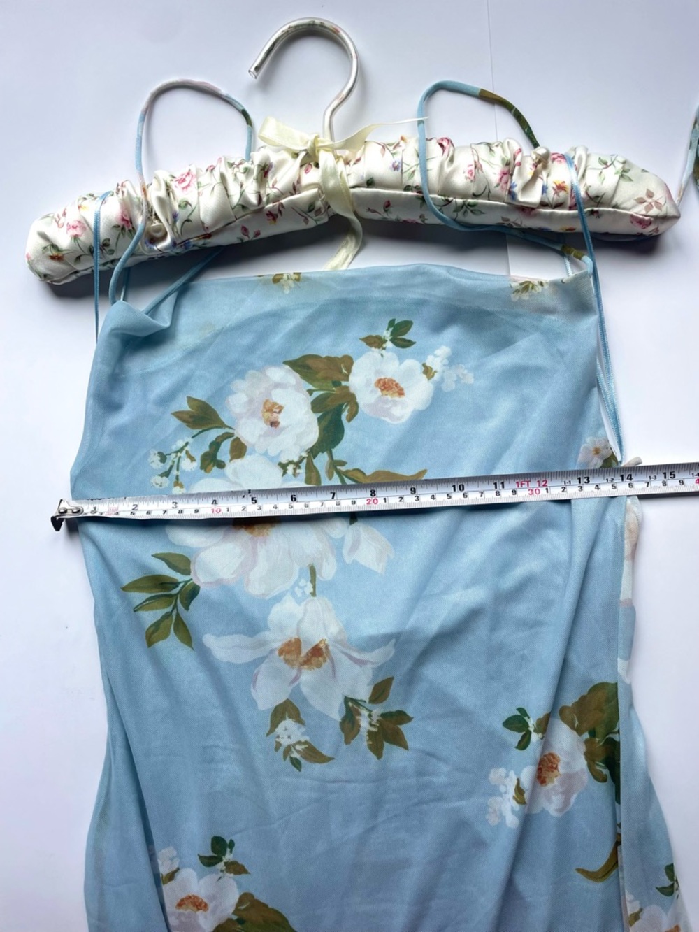 Zara Floral Satin Slip Dress Asymmetric Ruffle Hem Blue Green Medium NWT - Picture 5 of 8